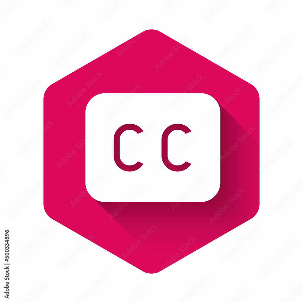 White Subtitles icon isolated with long shadow background. Pink hexagon button. Vector White Subtitles icon isolated with long shadow background. Pink hexagon button. Vector