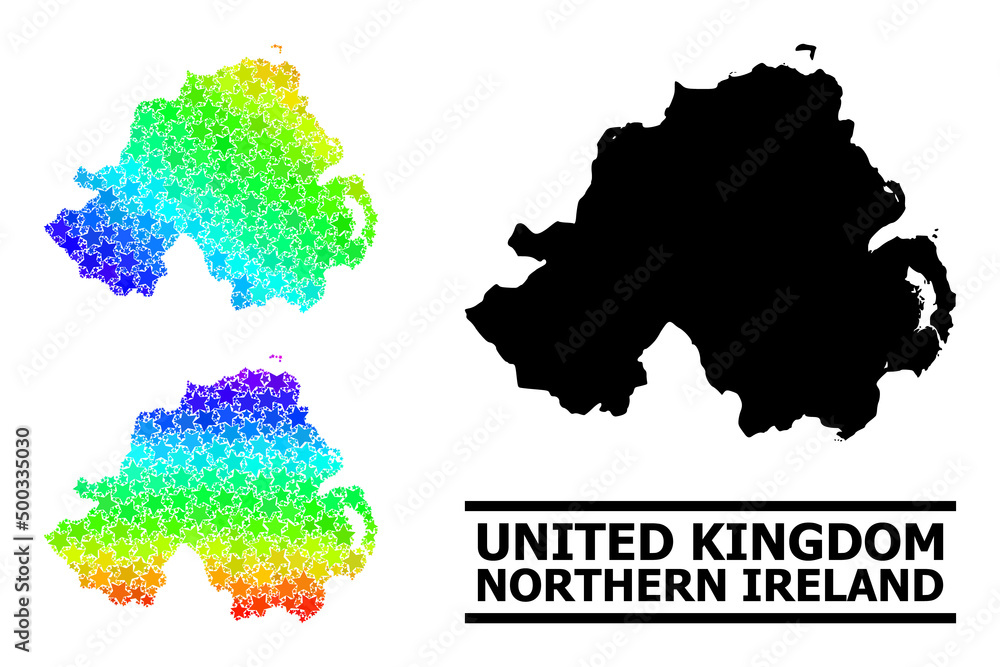Rainbow gradient star collage map of Northern Ireland. Vector colorful map of Northern Ireland with spectral gradients. Mosaic map of Northern Ireland collage is made of scattered colorful star items.