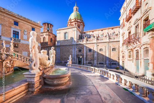 Palermo, Sicily - Beautiful baroque Piazza Pretoria, Italy travel