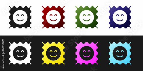 Set LSD acid mark icon isolated on black and white background. Acid narcotic. Postmark. Postage stamp. Health danger. Vector