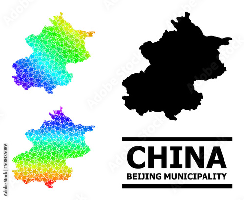 Rainbow gradiented star collage map of Beijing Municipality. Vector colorful map of Beijing Municipality with rainbow gradients.