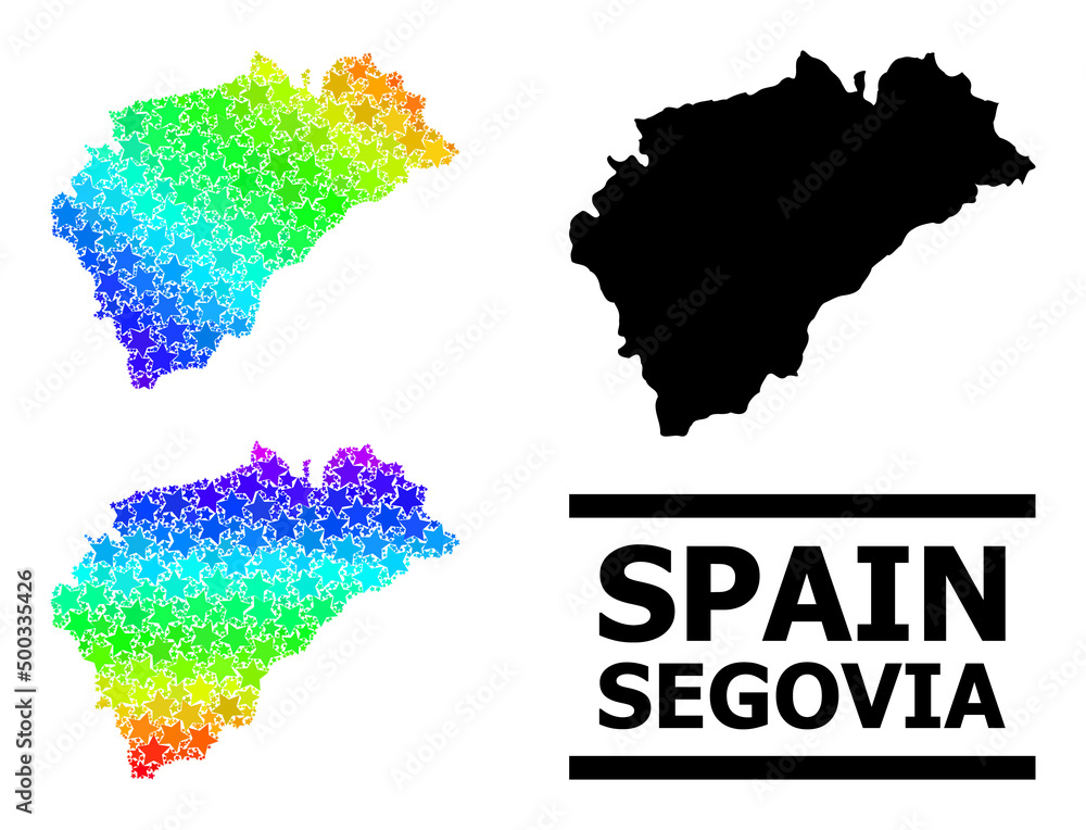 Rainbow gradiented star collage map of Segovia Province. Vector colored map of Segovia Province with spectrum gradients.