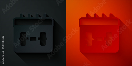 Paper cut Calendar fitness icon isolated on black and red background. Training schedule. Paper art style. Vector