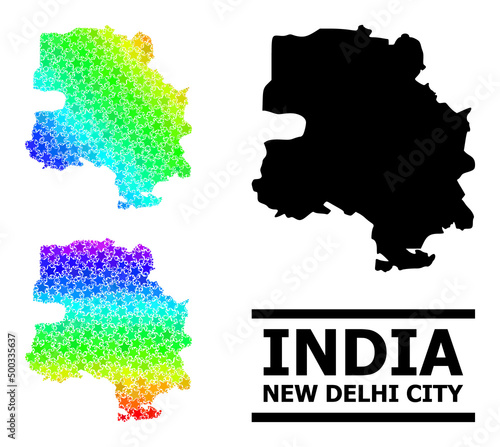 Rainbow gradiented star mosaic map of New Delhi City. Vector colorful map of New Delhi City with rainbow gradients.
