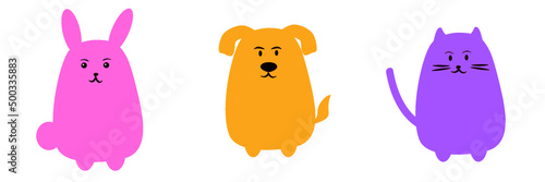 Cartoon animals: cat, dog and rabbit. Cut pets characters. Flat style.