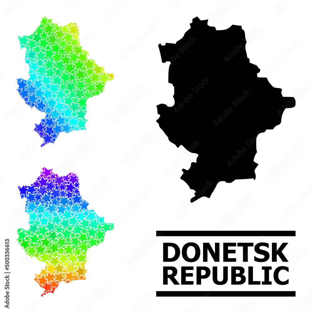Rainbow gradiented star mosaic map of Donetsk Republic. Vector colorful map of Donetsk Republic with rainbow gradients.