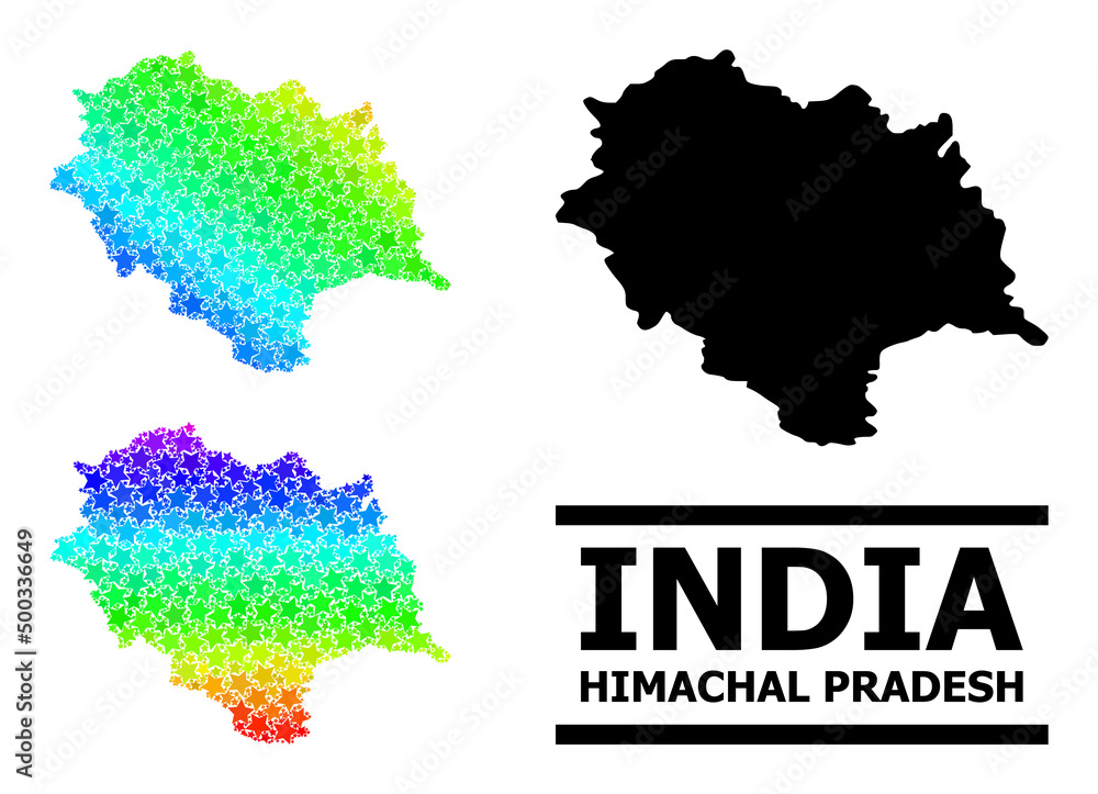 Spectral gradient star mosaic map of Himachal Pradesh State. Vector colored map of Himachal Pradesh State with rainbow gradients.