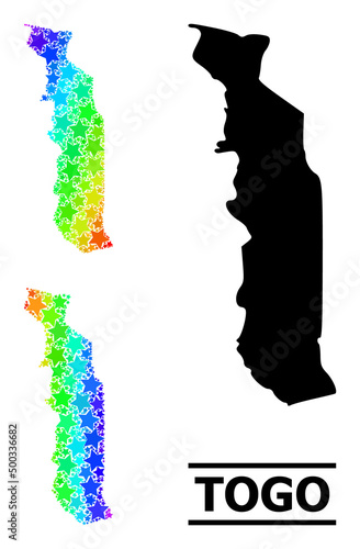 Spectrum gradiented stars collage map of Togo. Vector vibrant map of Togo with spectrum gradients. Mosaic map of Togo collage is designed of random color star elements.