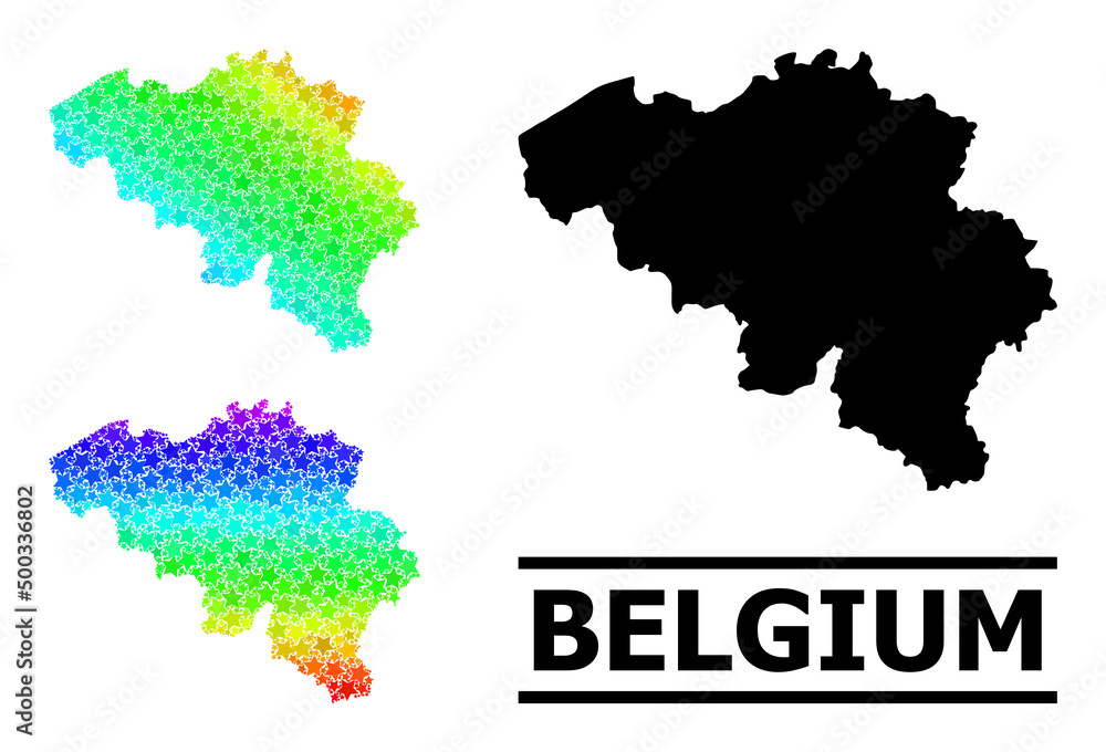Rainbow gradiented star collage map of Belgium. Vector colorful map of Belgium with rainbow gradients. Mosaic map of Belgium collage is organized with scattered colored star parts.