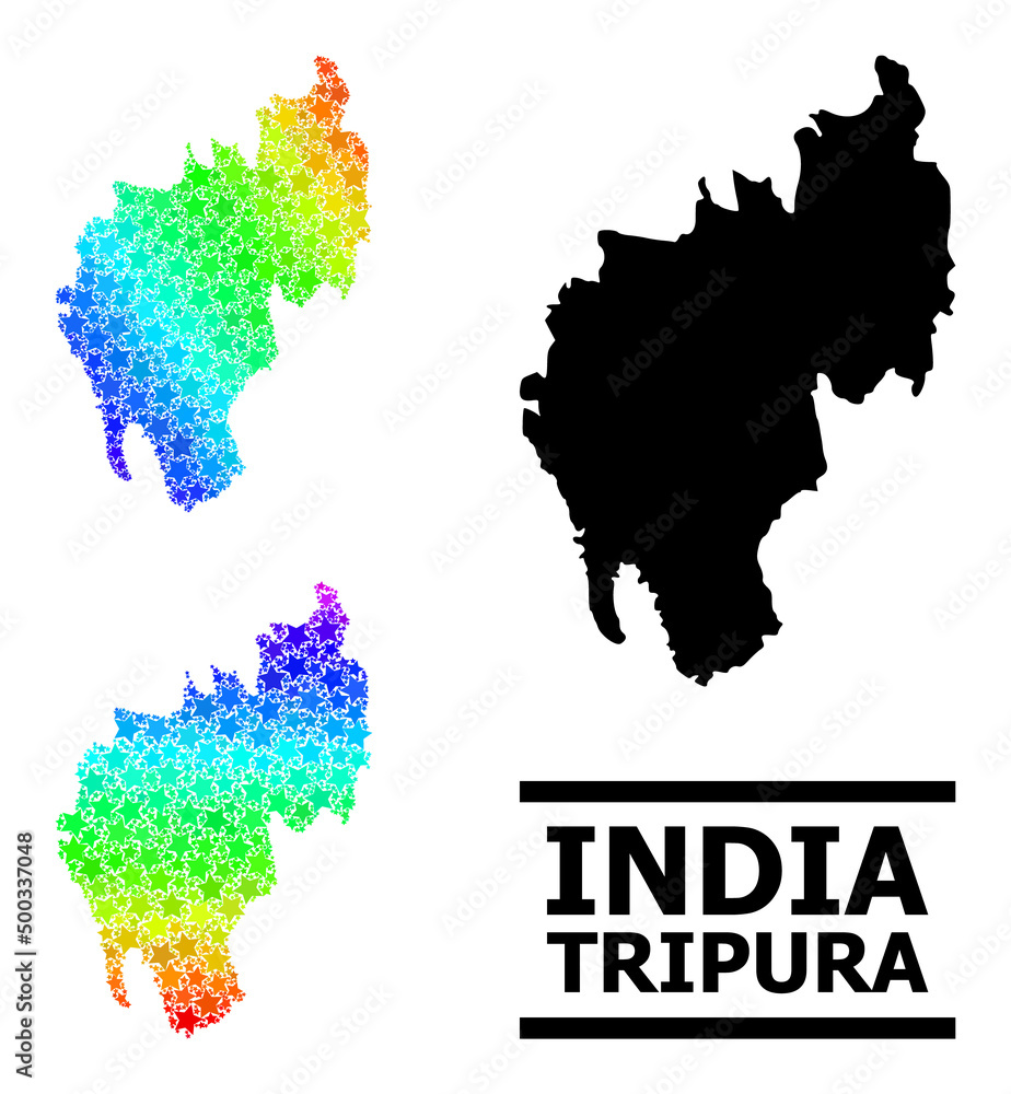 Spectral gradient star mosaic map of Tripura State. Vector colored map of Tripura State with spectrum gradients. Mosaic map of Tripura State collage is created with randomized colored star elements.