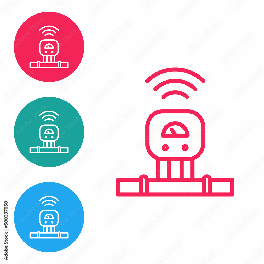 Red line Smart sensor system icon isolated on white background. Internet of things concept with wireless connection. Set icons in circle buttons. Vector Red line Smart sensor system icon isolated on white background. Internet of things concept with wireless connection. Set icons in circle buttons. Vector