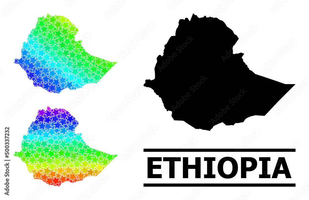 Spectral gradiented star mosaic map of Ethiopia. Vector vibrant map of Ethiopia with spectral gradients. Mosaic map of Ethiopia collage is created of random colorful star parts.
