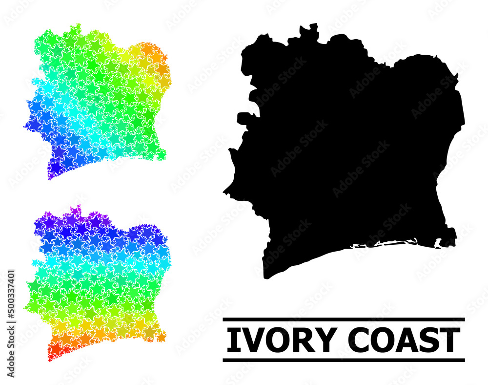 Spectral gradiented starred mosaic map of Ivory Coast. Vector colorful map of Ivory Coast with spectral gradients. Mosaic map of Ivory Coast collage is designed with chaotic color star elements.