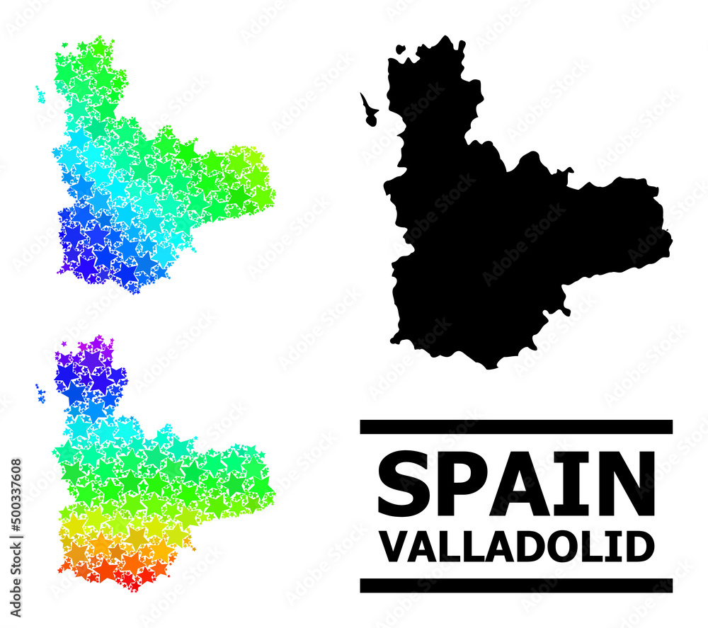 Spectral gradient star mosaic map of Valladolid Province. Vector colorful map of Valladolid Province with spectral gradients.