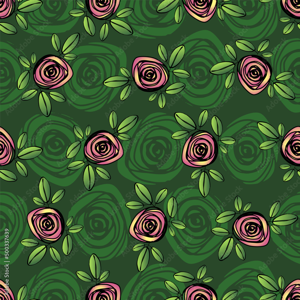 Seamless floral pattern of pink roses flowers and green leaves with a ...