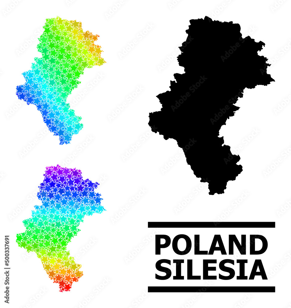 Spectral gradiented star mosaic map of Silesia Province. Vector colorful map of Silesia Province with rainbow gradients.