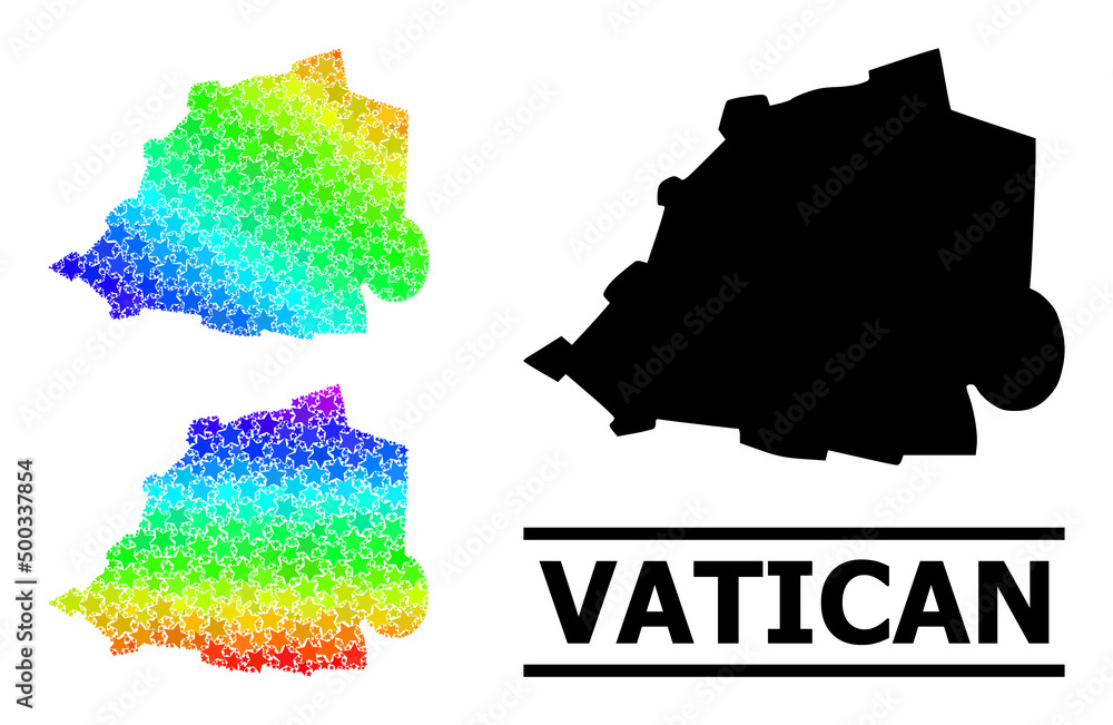 Rainbow gradient star mosaic map of Vatican. Vector colored map of Vatican with spectrum gradients. Mosaic map of Vatican collage is made with chaotic colored star elements.