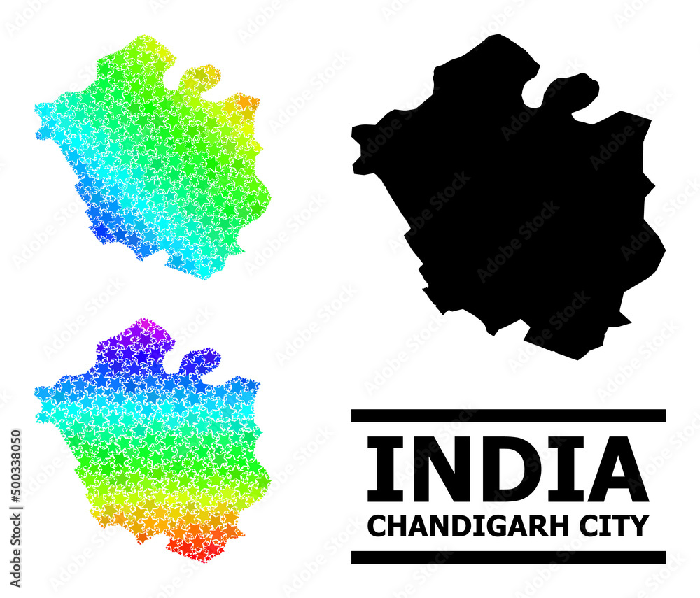 Spectral gradient star collage map of Chandigarh City. Vector colored map of Chandigarh City with spectrum gradients.