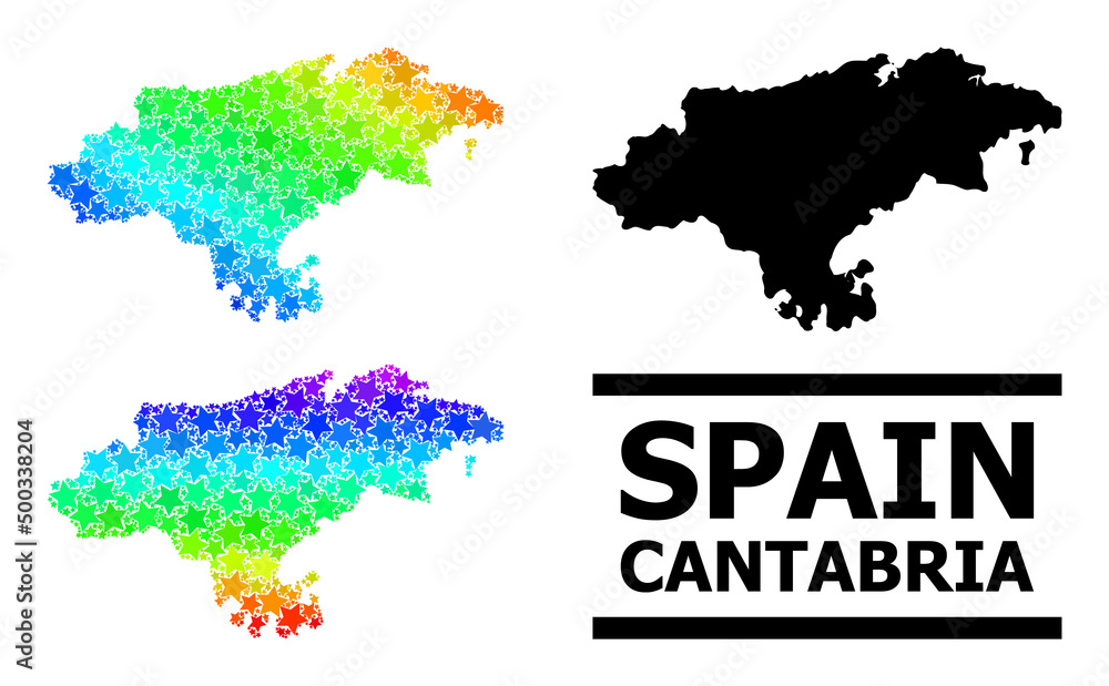 Spectral gradient star mosaic map of Cantabria Province. Vector colorful map of Cantabria Province with spectral gradients.