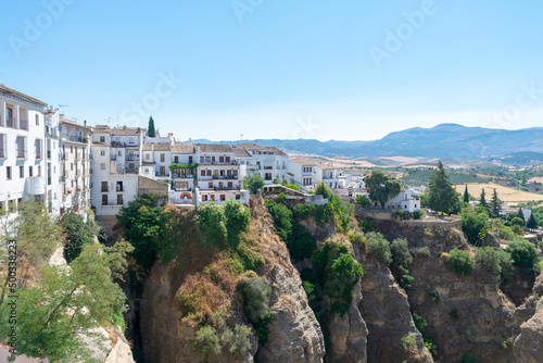 Ronda is located on a deep gorge where the river Tagus passes. Malaga. Andalusia. Spain. Europe. July 18, 2021 