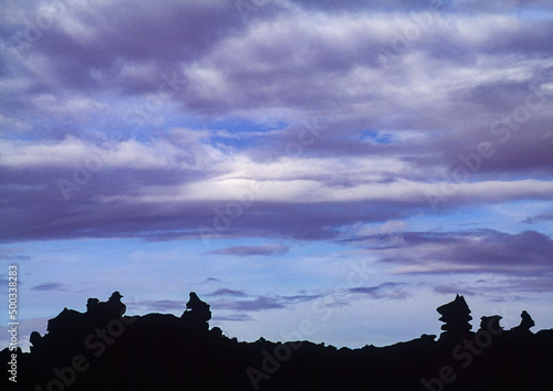 Stones in silhouette at dusk on the top of Mount Roraima, Canaima National Park, Bolivar State, Venezuela