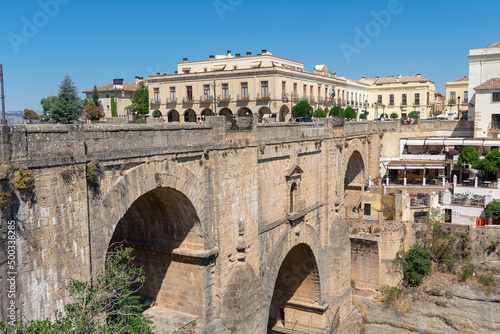 Ronda is located on a deep gorge where the river Tagus passes. Malaga. Andalusia. Spain. Europe. July 18, 2021 