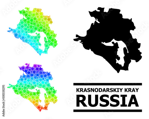 Rainbow gradiented starred collage map of Krasnodarskiy Kray. Vector colored map of Krasnodarskiy Kray with spectral gradients.