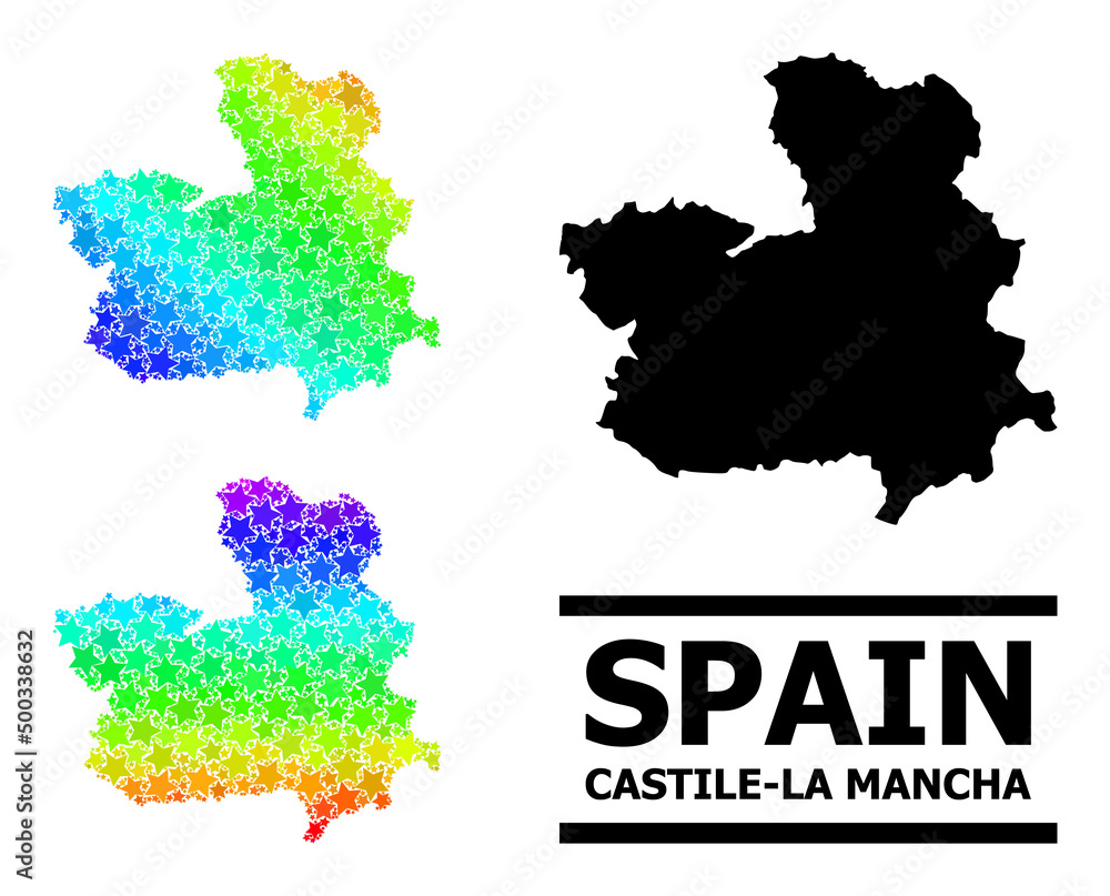 Spectrum gradient stars mosaic map of Castile-La Mancha Province. Vector colored map of Castile-La Mancha Province with spectrum gradients.