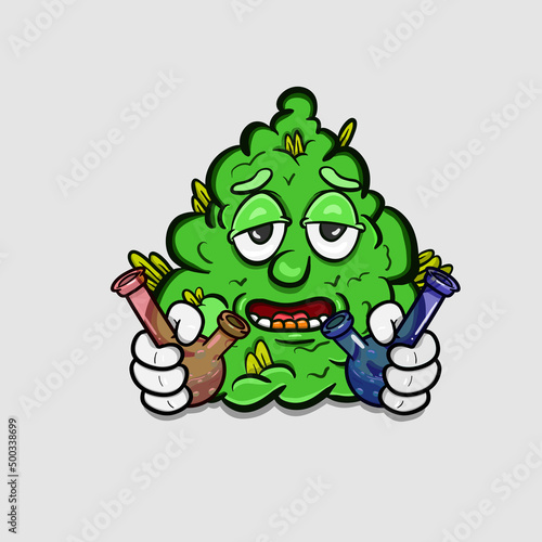 Vector Illustration Mascot cartoon character of Marijuana Cartoon With Bong Glass Smoke. Vector Clip Art. Suitable for Brand, Logo, Sticker, t-shirt Design and other Product.