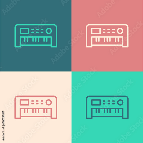 Pop art line Music synthesizer icon isolated on color background. Electronic piano. Vector