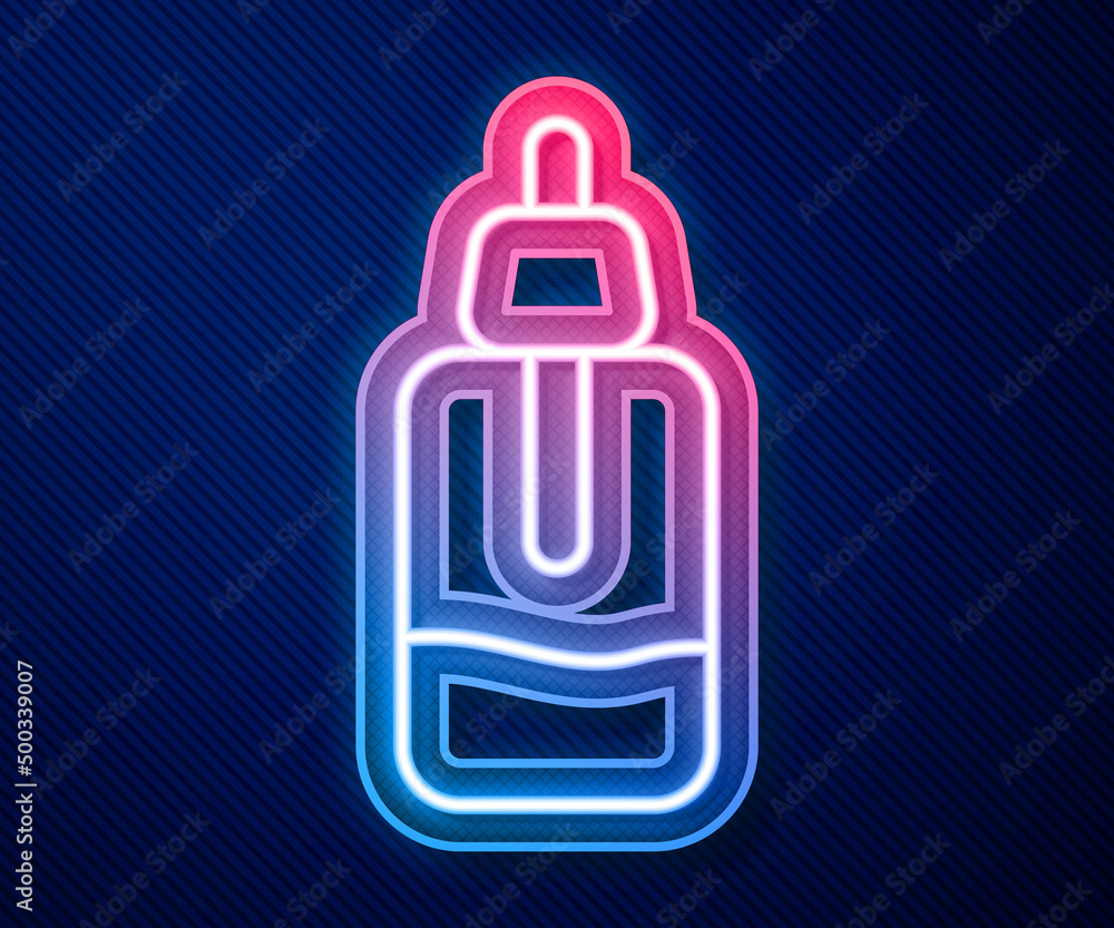 Glowing neon line Essential oil bottle icon isolated on blue background. Organic aromatherapy essence. Skin care serum glass drop package. Vector Glowing neon line Essential oil bottle icon isolated on blue background. Organic aromatherapy essence. Skin care serum glass drop package. Vector