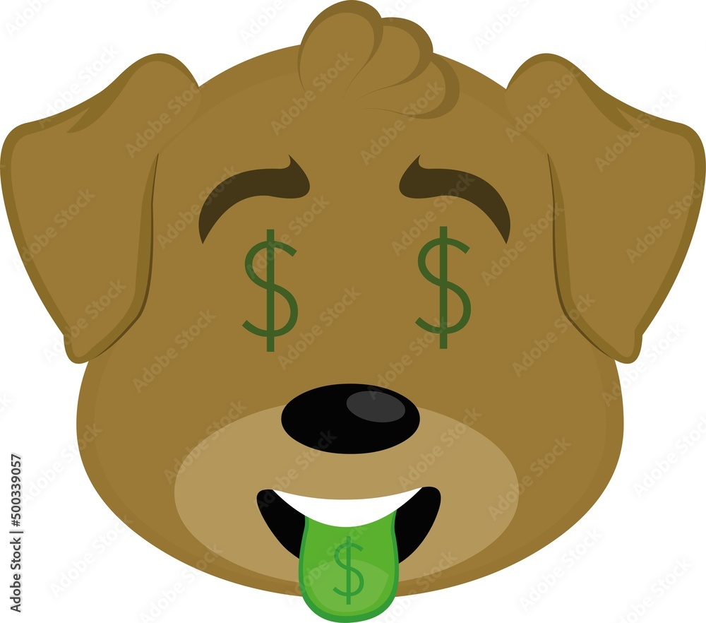 Vector illustration of a cartoon dog face with dollar sign in the eyes and tongue Vector illustration of a cartoon dog face with dollar sign in the eyes and tongue