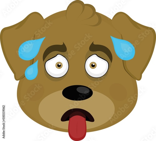 Vector illustration of the face of an exhausted cartoon dog with his tongue hanging out and drops of sweat on his head

