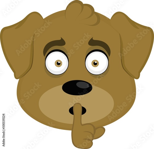 Vector illustration of the face of a cartoon dog asking for silence with the index finger of the hand in the mouth