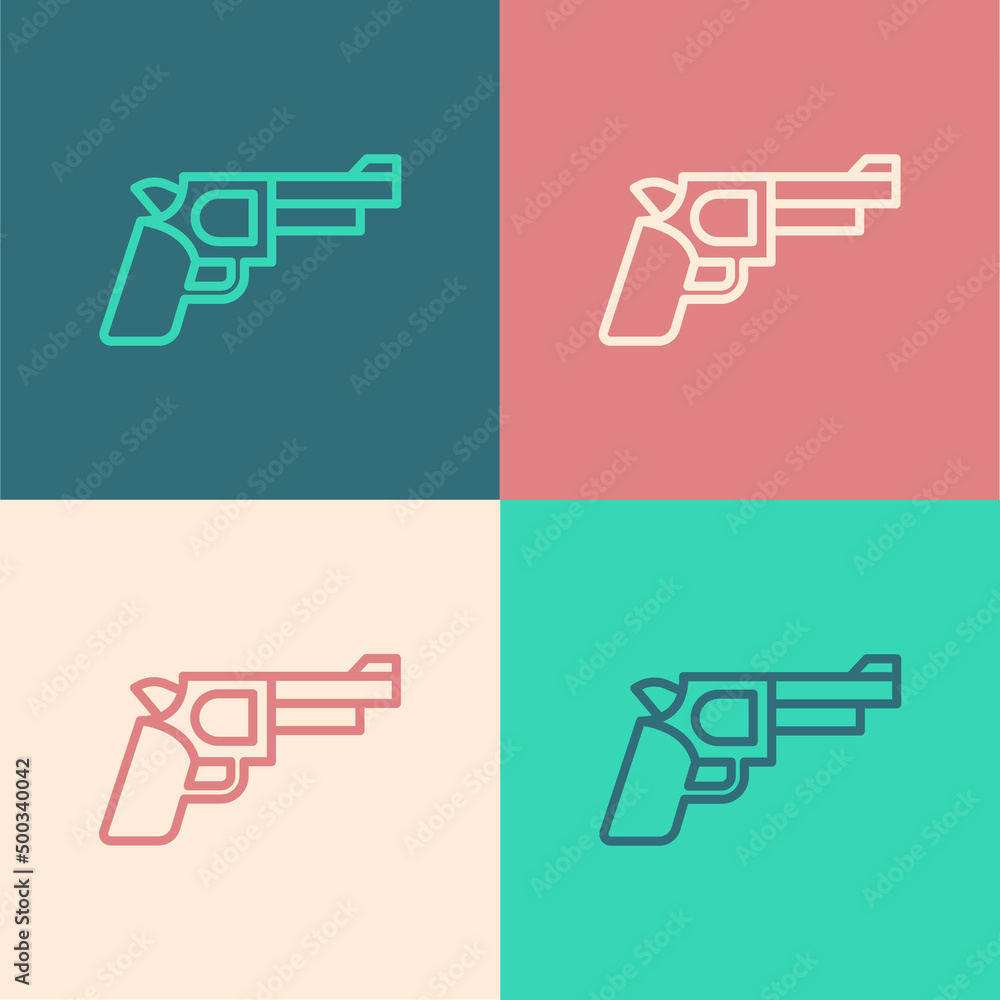 Pop art line Pistol or gun icon isolated on color background. Police or military handgun. Small firearm. Vector Pop art line Pistol or gun icon isolated on color background. Police or military handgun. Small firearm. Vector