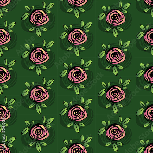 Seamless floral pattern of pink roses flowers and green leaves with a black outline on a green background. Usable for wrapping paper, covers, textile and wallpaper, for design and decoration