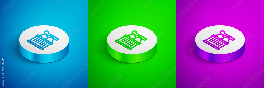 Isometric line Plane icon isolated on blue, green and purple background. Delivery, transportation. Cargo delivery by air. Airplane with parcels, boxes. White circle button. Vector Isometric line Plane icon isolated on blue, green and purple background. Delivery, transportation. Cargo delivery by air. Airplane with parcels, boxes. White circle button. Vector