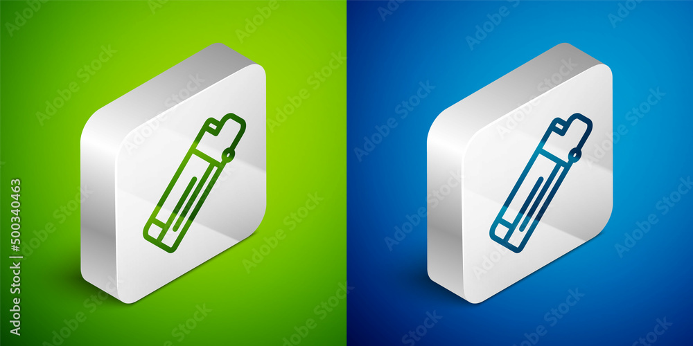 Isometric line Lighter icon isolated on green and blue background. Silver square button. Vector Isometric line Lighter icon isolated on green and blue background. Silver square button. Vector