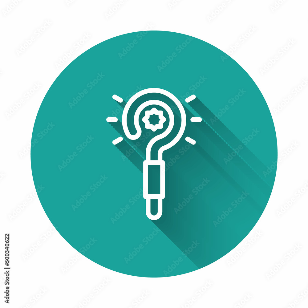 White line Magic wand icon isolated with long shadow background. Star shape magic accessory. Magical power. Green circle button. Vector White line Magic wand icon isolated with long shadow background. Star shape magic accessory. Magical power. Green circle button. Vector