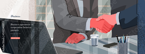 Business meeting, contract and handshake. Vector modern illustration of business conversation of people in the office, analysis, discussion and success in the deal.