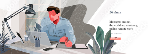 Businessman freelance marketer works from home remotely online. Vector modern illustration of a man at a computer at a table in the office or at home.