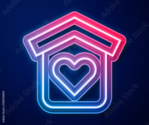Glowing neon line Shelter for homeless icon isolated on blue background. Emergency housing, temporary residence for people, bums and beggars without home. Vector