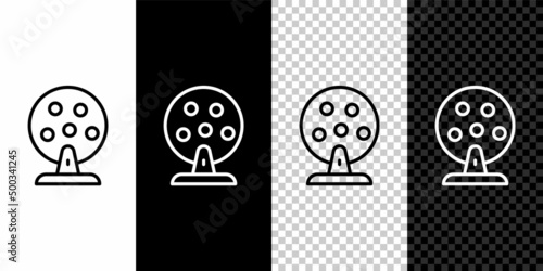 Set line Lottery machine with lottery balls inside icon isolated on black and white, transparent background. Lotto bingo game of luck concept. Wheel drum leisure. Vector