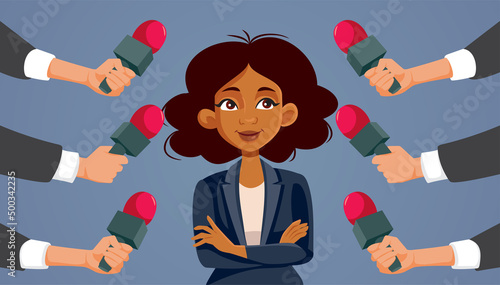Reporters Interviewing Female Celebrity Vector Cartoon Illustration