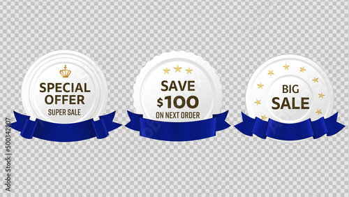 青のリボン付き白のラベルのベクターイラストセット