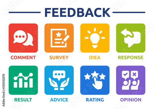 Feedback or customer review banner. Containing comment, survey, idea, response, result, advice, rating and opinion icon in graphic design.
