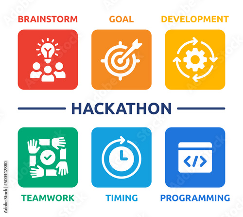 Hackathon banner vector. Containing brainstorm, goal, development, teamwork, timing and programming icon design. Tech event concept.