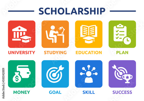 Scholarship icon set banner. Containing University, studying, education, plan, money, goal, skill and success icon vector illustration.