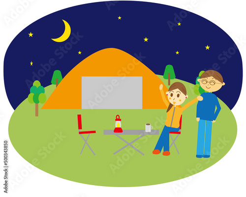 恋人・夫婦二人でキャンプに行って満点の星空と月に見とれているイラスト・アウトドア・夜・テント