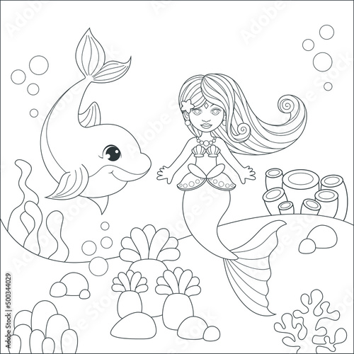 coloring mermaid and doplhin Fototapet